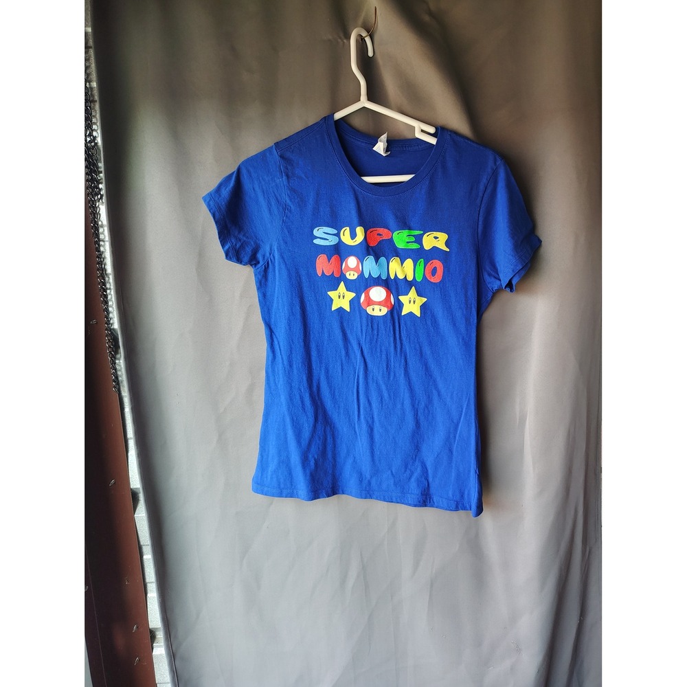 Port & Company Super Mommio Blue Graphic T-Shirt Womens Medium Gaming Parody Tee